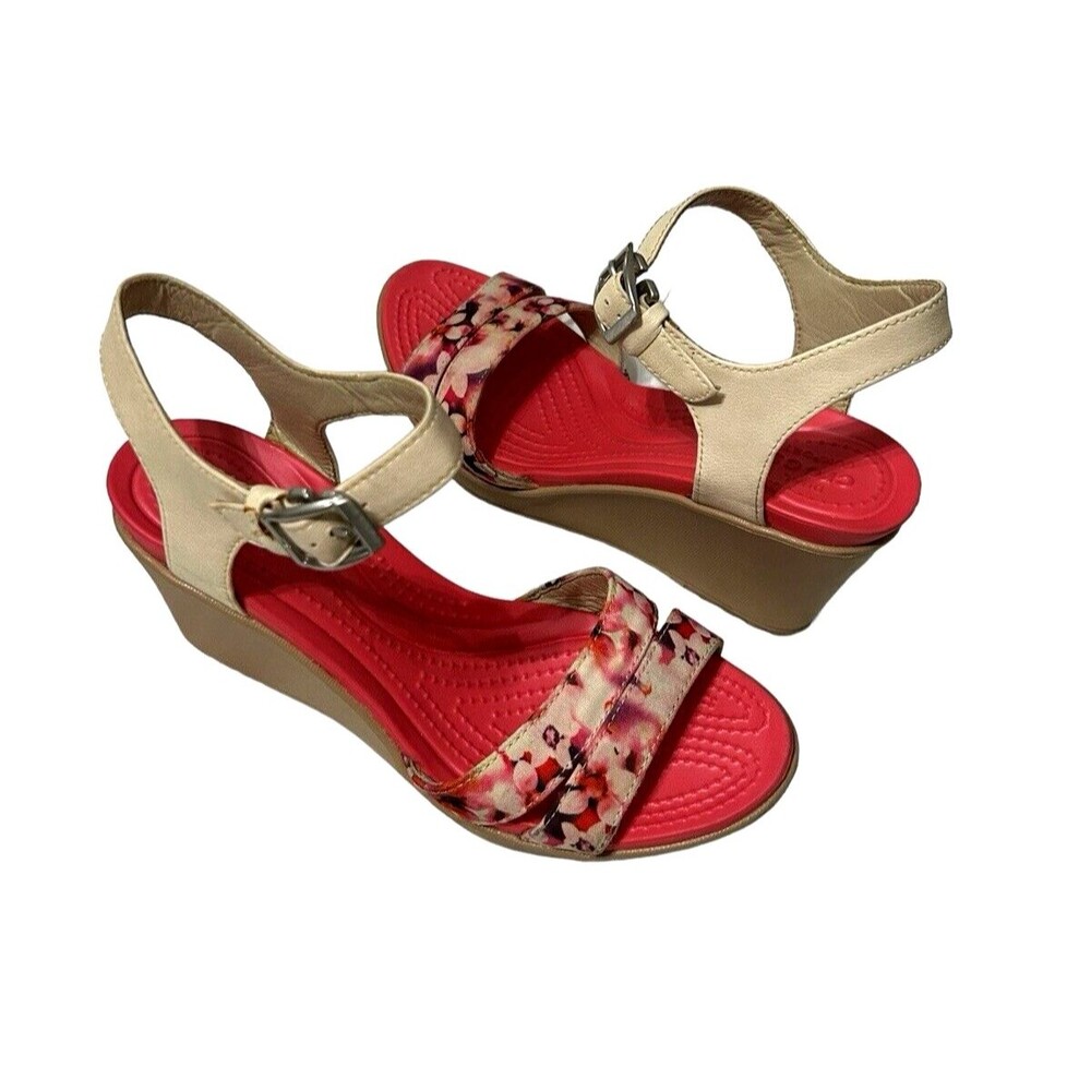 Crocs Leigh II Floral Ankle Strap Wedge Heel Comfort Sandals Pink Beige Womens 6